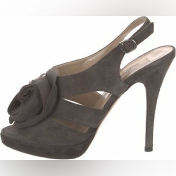 Valentino Grey Suede Floral Ruffle Slingback Platform Stiletto Heels US 7.5 - Picture 16 of 16